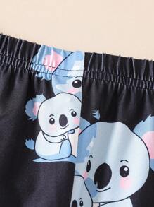 SHEIN Sparklyn 少女可爱考拉印花休闲圆领短袖T恤和短裤两件套家居服套装 - 黑色 - 查看 8