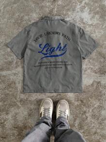 PAVTROS Manfinity Streetrush Men's Casual Striped & Letter Print Short Sleeve Button Up Shirt, Summer,Fashionable Casual, Streetwear, Preppy Style Items, Versatile Collared Button-Down Button Up Shirt, Suitable For A Boyfriend's Gift