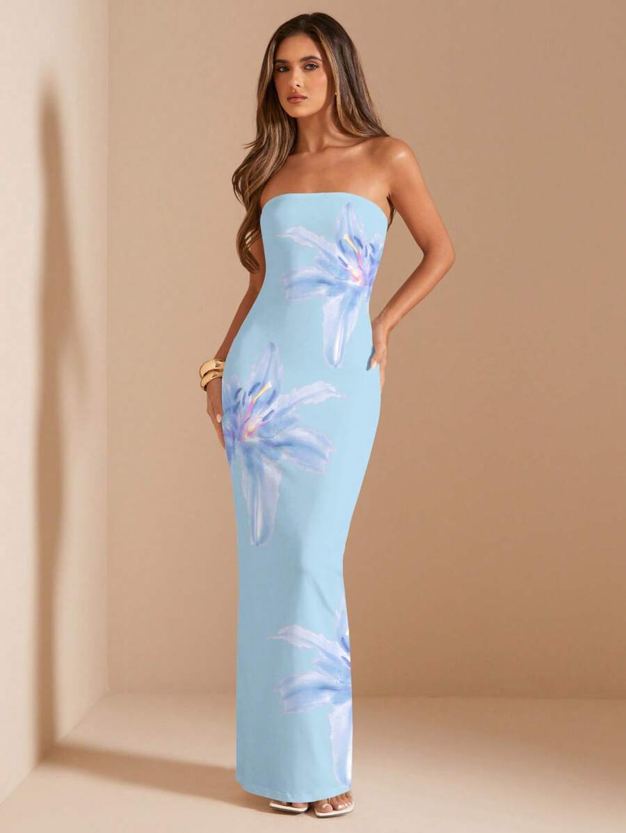 SHEIN BAE 夏季抹胸连衣裙,饰有超大花卉印花,适合海滩度假 - 彩色 - 查看 1