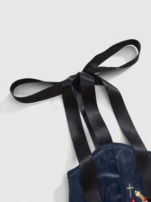 ROMWE Gothic Princess Aesthetic Heart Embroidery Rhinestone Water Drop Teardrop Star Collar Lace-Up Cropped Tank Top For Women - Navy Blue - View 7