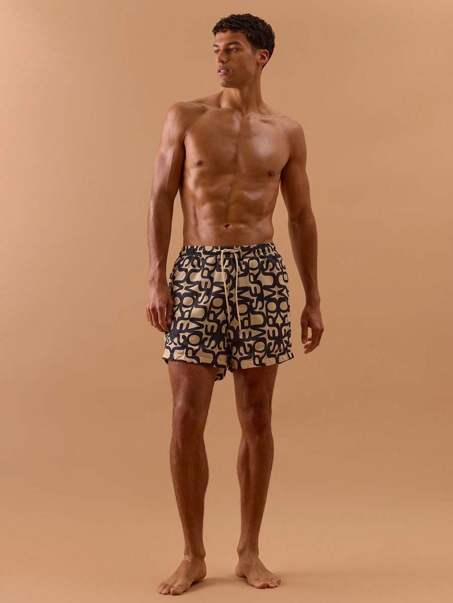 Musero Slogan All Over Print Swim Shorts Spring, Summer, Holiday, Vacation, - Apricot - View 1