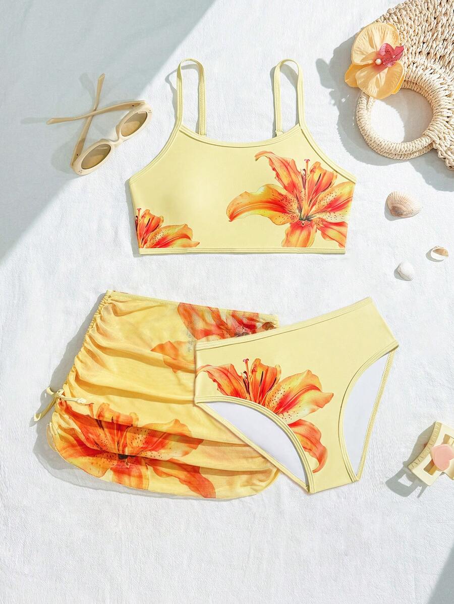 SHEIN Girls' 3pcs Swimsuit Set, Cute Butterfly Decor Split Swimwear With Adjustable Straps & Skirt - Multicolor - View 1