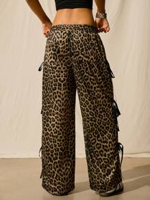 Easelle 秋冬女士豹纹蝴蝶结抽绳宽松休闲运动裤