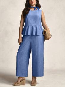 Zelara Plus-Size Women'S Summer Blue Mother's Day Crew Neck Sleeveless Top + High-Waisted Slacks Nautical Casual For Women 2-Piece Set - Blue - View 1