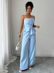 Elenzga Damen Set aus einfarbigem Top mit asymmetrischen Trägern und weiter Hose, 2 Stücke, elegant für den Alltag und Büro - Blau - Übersicht 4