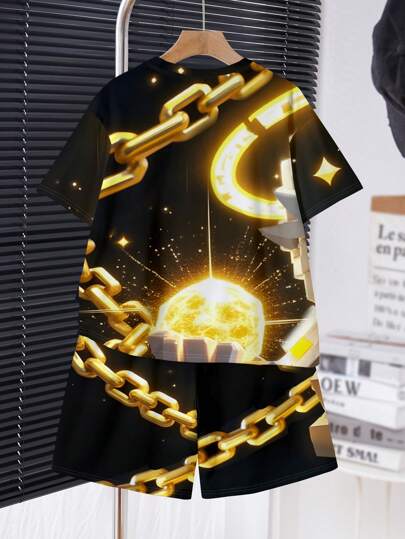 SHEIN 2 件套儿童 MC 图案休闲圆领短袖 T 恤和短裤套装，适合夏季