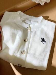 Comfortcana Cardigan bianco corto con maniche corte e bottoni ricamati per donna