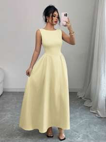 Lyxana Váy Maxi Chữ A Không Tay Không Tay Thanh Lịch Xuân/Hè Cho Nữ, Thích Hợp Mặc Thường Ngày, Đi Làm Và Đi Nghỉ - Vàng nhạt - Xem 3