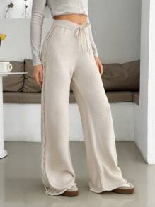 EURMUSE Women Solid Color Cable Knit Pattern Drawstring Detailed Sweater Pants,Burgundy Trousers - Beige - View 1