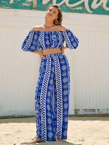 Maija Conjunto de 2 piezas mujer con top corto de manga farol sin tirantes con estampado geométrico y pantalones rectos de cintura elástica sueltos, casual, cómodo, apropiado para verano, playa, resort de Hawái