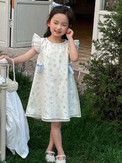 DAZY 少女卡通印花蝴蝶结装饰短袖甜美中长连衣裙，夏季