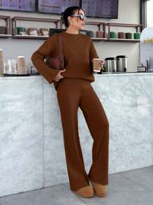EURMUSE DROP SHOULDE LONG SLEEVE SWEATSHIRT & JOGGER PANTS SET - Brown - View 8