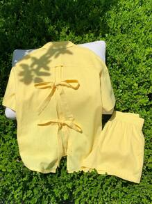 Comfortcana Set de 2 piezas con top corto y shorts en color liso con lazo decorativo y espalda descubierta para mujer - Amarillo - Ver 6