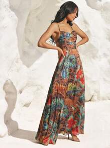 Hauture 动物热带混合印花露背金色金属配件长连衣裙 - 彩色 - 查看 1