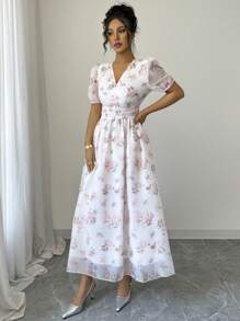 Modelyn French Retro V-Neck Petal Sleeve Waist Fitted Women's Dress