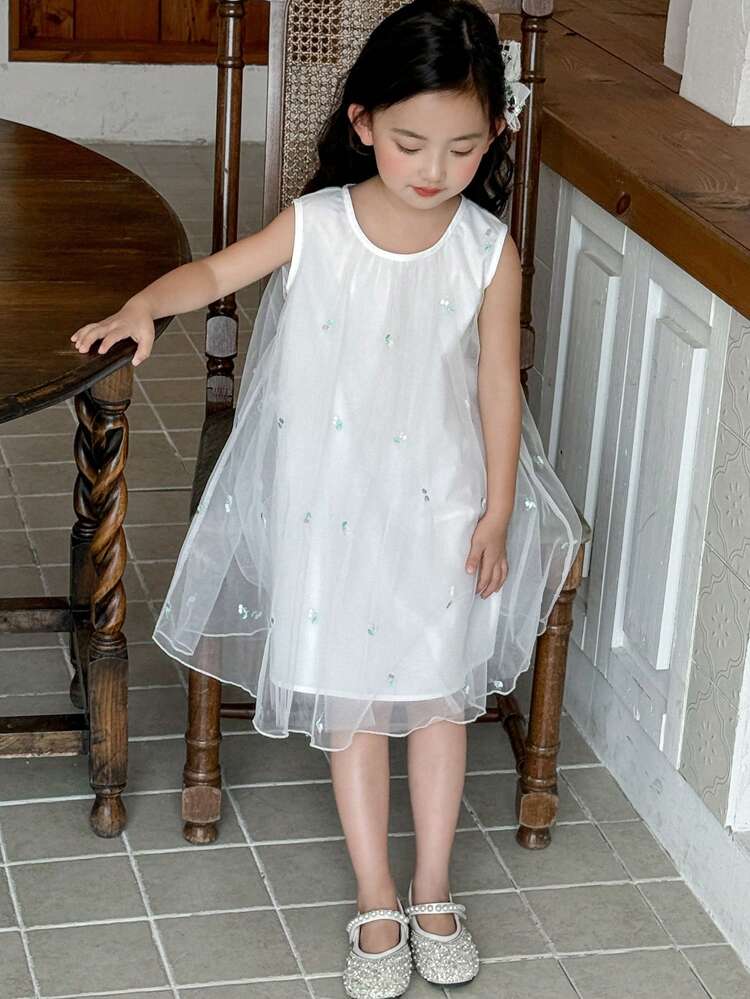 Young Girl White Mesh Patchwork Sleeveless Round Neck Dress,Girls Summer Outfits