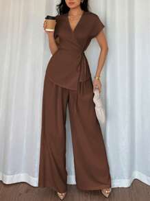 Elenzga 女士优雅裹身蝙蝠袖衬衫和宽松阔腿裤两件套，杏色编织，适合夏季外出、约会、度假 - 咖啡棕 - 查看 3