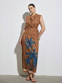 Aveloria Modichic Nouvelle robe longue style vacances à la plage pour femmes grandes tailles, avec imprimé rétro arbre de noix de coco, col volant, nœud, taille élastique et coupe fuselée - Multicolore - Voir 6