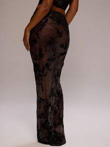 MUSERA Low Rise Flocked Mesh Sheer Straight Fit Maxi Skirt Only Summer Birthday Wedding Guest Vacation Beach Swim Elegant Cute Sexy Boho Ibiza Thanksgiving