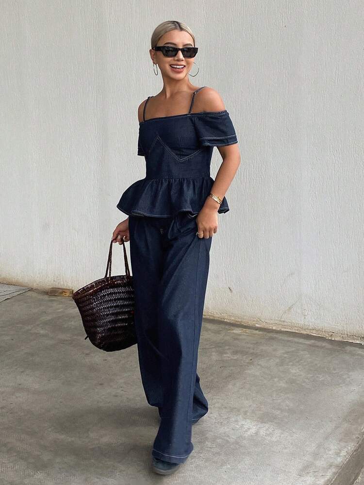 Women's Ruffle Ruffled Blouse And Wide-Leg Jeans Set