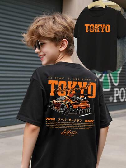 SHEIN Tween Boy Tokyo Underground Racing Print Round Neck Short Sleeve Black Street T-Shirt, Summer Boy Clothes For Kids Young Boys T Shirts