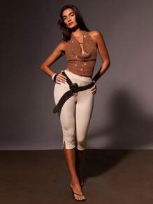 Athîral Women's Sequin Embellished Halter Top - Khaki - View 4
