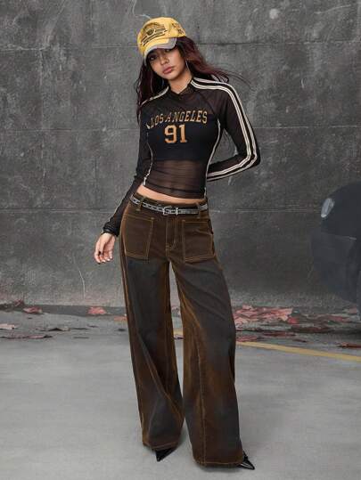 SHEIN x PRISCILA & JIMENA Grunge Punk Jeans anchos de pierna ancha, de cintura baja, de mezclilla desgastada y con efecto retro punk hippie western