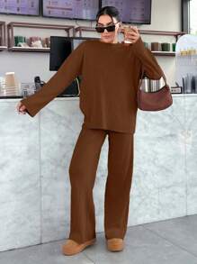 EURMUSE DROP SHOULDE LONG SLEEVE SWEATSHIRT & JOGGER PANTS SET - Brown - View 5