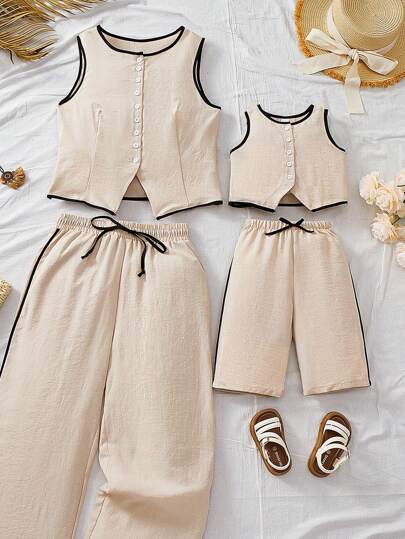 Travachic KIDS Summer Casual Cute City Colorblock Tank Top And Elastic Waist Loose Pants Set