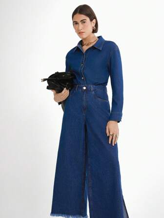 Daynim Women's Drop Shoulder Long Sleeve Denim Bodysuit