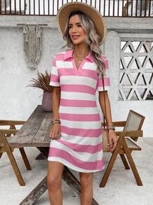 EMERY ROSE Women's Summer Striped Lapel Short Sleeve Casual Mid-Length Dress,Dresses For Women Summer