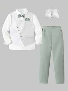 Set de 2 vestă elegantă, la modă, casual, pentru băieți preadolescenti, include vestă albă neregulată + cămașă albă cu mânecă lungă + pantaloni lungi verzi