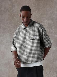 SUMWON Textured Short Sleeve Button Down Over Shirt Street Style Fashion Lightweight Oversized Casual Summer Spring Fall - Black and White - View 2