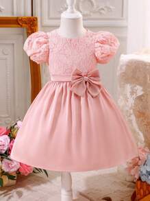 SHEIN Glamorique Kids Young Girl Lace Patchwork Round Neck Puff Sleeve Short Sleeve Party Dress, Spring/Summer - Pink - View 3