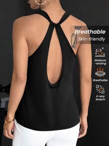 Slayform 女士纯色透气镂空后背运动 T 恤，夏季 - 黑色 - 查看 6