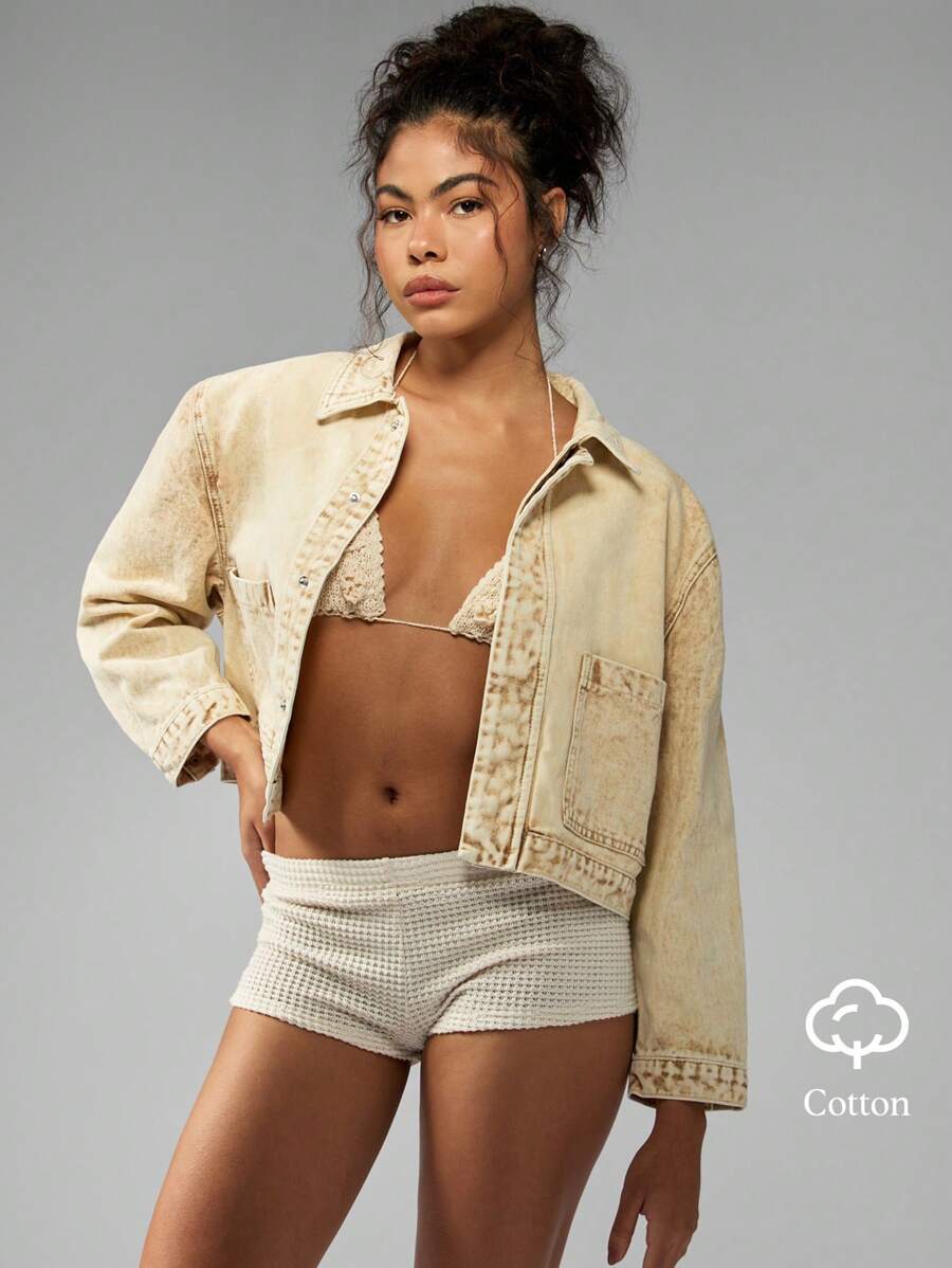 MISSGUIDED Oversized Cropped Trucker Denim Jacket Sand Washed Relaxed Fit Streetwear Grunge Y2K Fashion Lightweight Spring Summer Casual Outerwear - Apricot - View 1