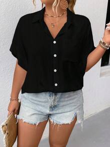 Calvaya Camisa de talla grande de unicolor con cuello en V, cierre de un solo botonadura con muesca para primavera/verano con mangas murciélago - Negro - Ver 1