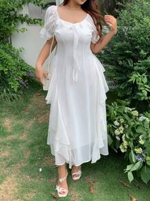 Dazy Plus Contrast Lace Ruffle Hem Waist Flattering White Long Dress, Short Sleeve, Summer - White - View 5