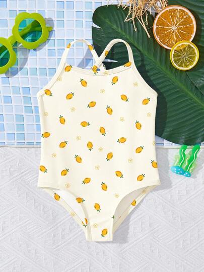 Bộ đồ bơi liền thân không tay đơn giản tối giản màu vàng kem, họa tiết hoa chanh mini dễ thương cho bé gái, phù hợp cho mùa hè