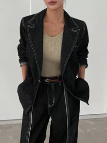 DAZY 女士宽松双色牛仔西装裤 - 深灰色 - 查看 6