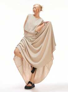 LYSMO 2025 春夏新品女式圆领无袖上衣，花瓣下摆，宽松版型，搭配亚麻质地腰部褶皱 A 字裙，复古休闲风格，波西米亚风，田园风情，极简休闲装 - 杏色 - 查看 3