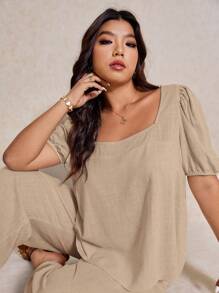 Elaquor Bộ 2 món áo sơ mi tay bồng màu trơn thường ngày mùa hè cỡ lớn và quần dài - Màu Khaki - Xem 4