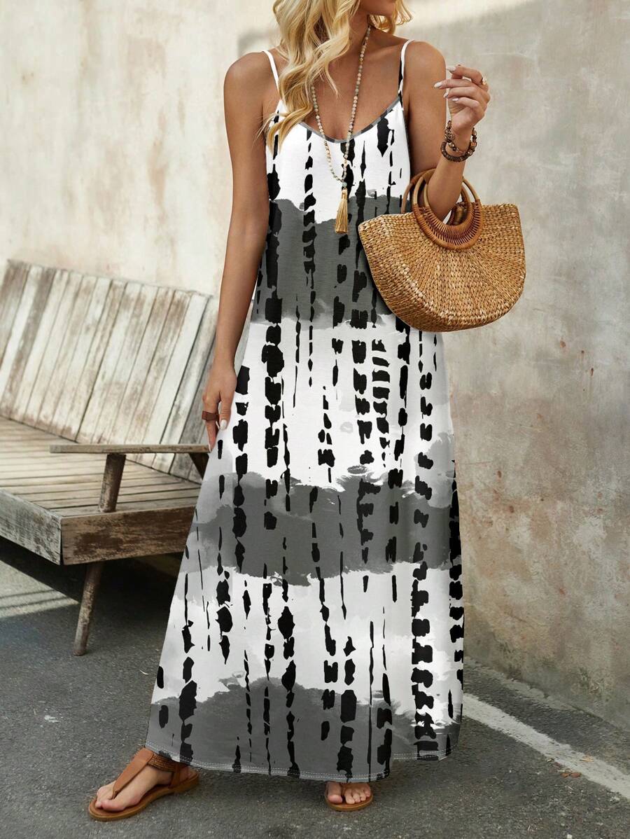 EMERY ROSE Women's Casual Tropical Plant Print Loose Spaghetti Strap Dress, Suitable For Summer Vacation Dress - Multicolor - View 1