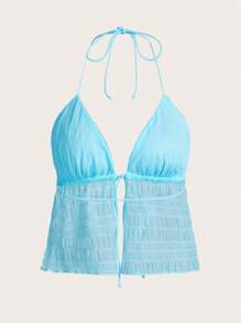 SHEIN ICON Split Hem Tie Backless Mesh Halter Y2k Top - Mint Blue - View 2