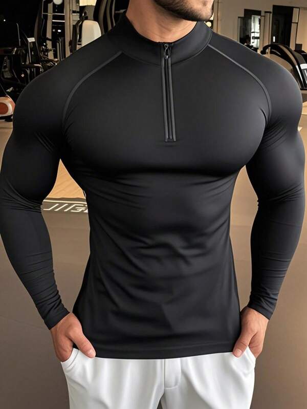 Manfinity Sport PWRUP Camiseta de manga larga con media cremallera, informal y deportiva para hombre, ropa deportiva para entrenamiento, camisetas y camisetas sin mangas, parte superior para el gimnasio, camisa de compresión transpirable para otoño