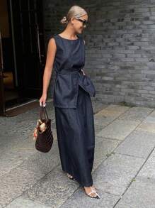 DAZY 女式休闲圆领无袖束腰背心和宽松长裙两件套，中性牛仔夏季服装 - 深色水洗藍 - 查看 6