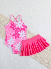 Baby Girl Floral Printed One-Piece Swimsuit With Skirt Baby Swim Suit With Skirt Toddler Girl Swim Wear Baby Summer Clothes Girl Summer Outfits For Girls Summer Sets Baby Girl - Multicolor - View 5