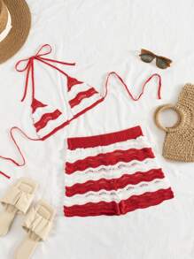 SHEIN Swim 2 件女式红白条纹度假风格比基尼上衣和沙滩短裤套装 - 紅白色 - 查看 6
