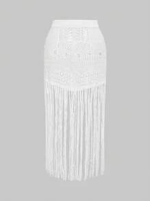 ROMWE 女式嬉皮度假休闲海滩浪漫流苏钩针针织裙 - 白色 - 查看 2