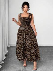 Elenzga Plus Size Women Leopard Print Tie-Up Bow Decor Waist Ruffle Hem Long Casual Vacation Dress, Spring/Summer - Brown - View 6
